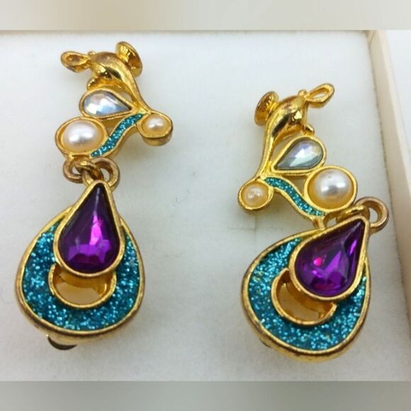 Disney Vintage Jeweled Pearl Clip On Earrings Gold Tone Jewelry Jasmine - Picture 11 of 12